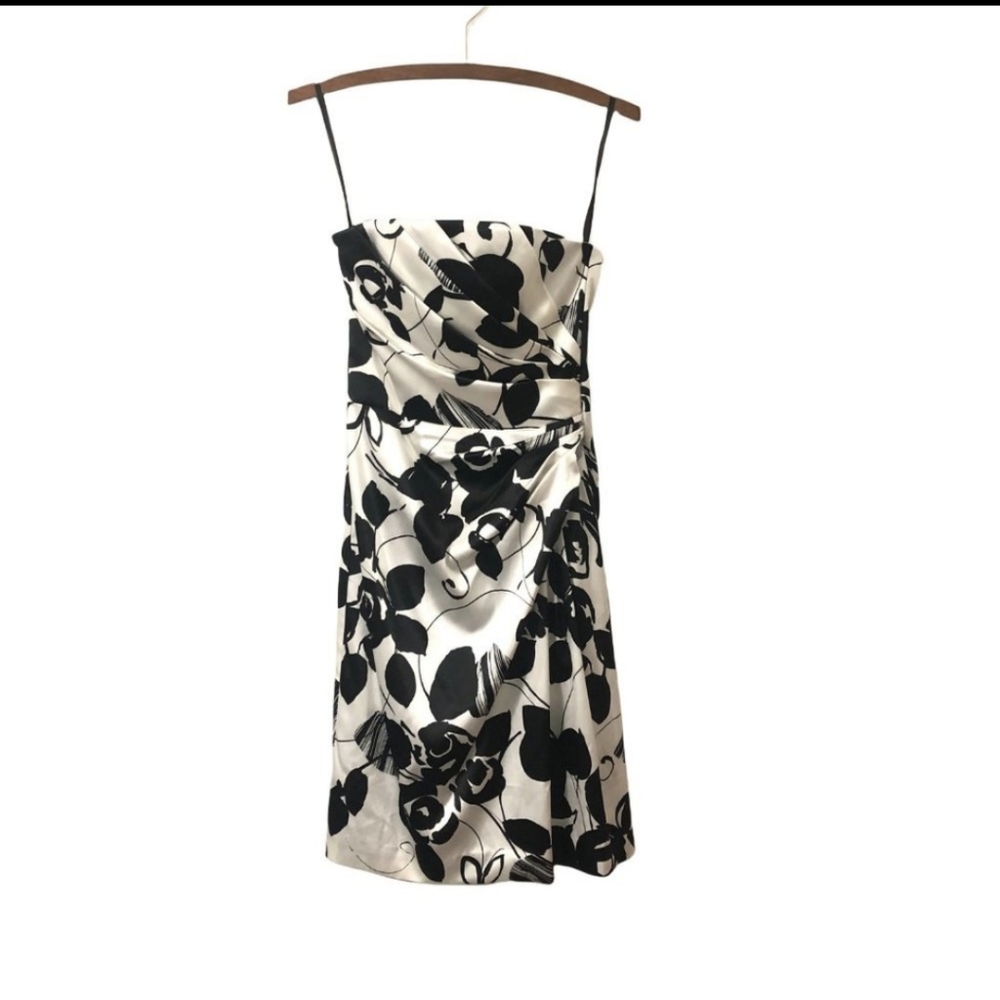White House Black Market Black White Strapless Satin Ruched Floral Dres